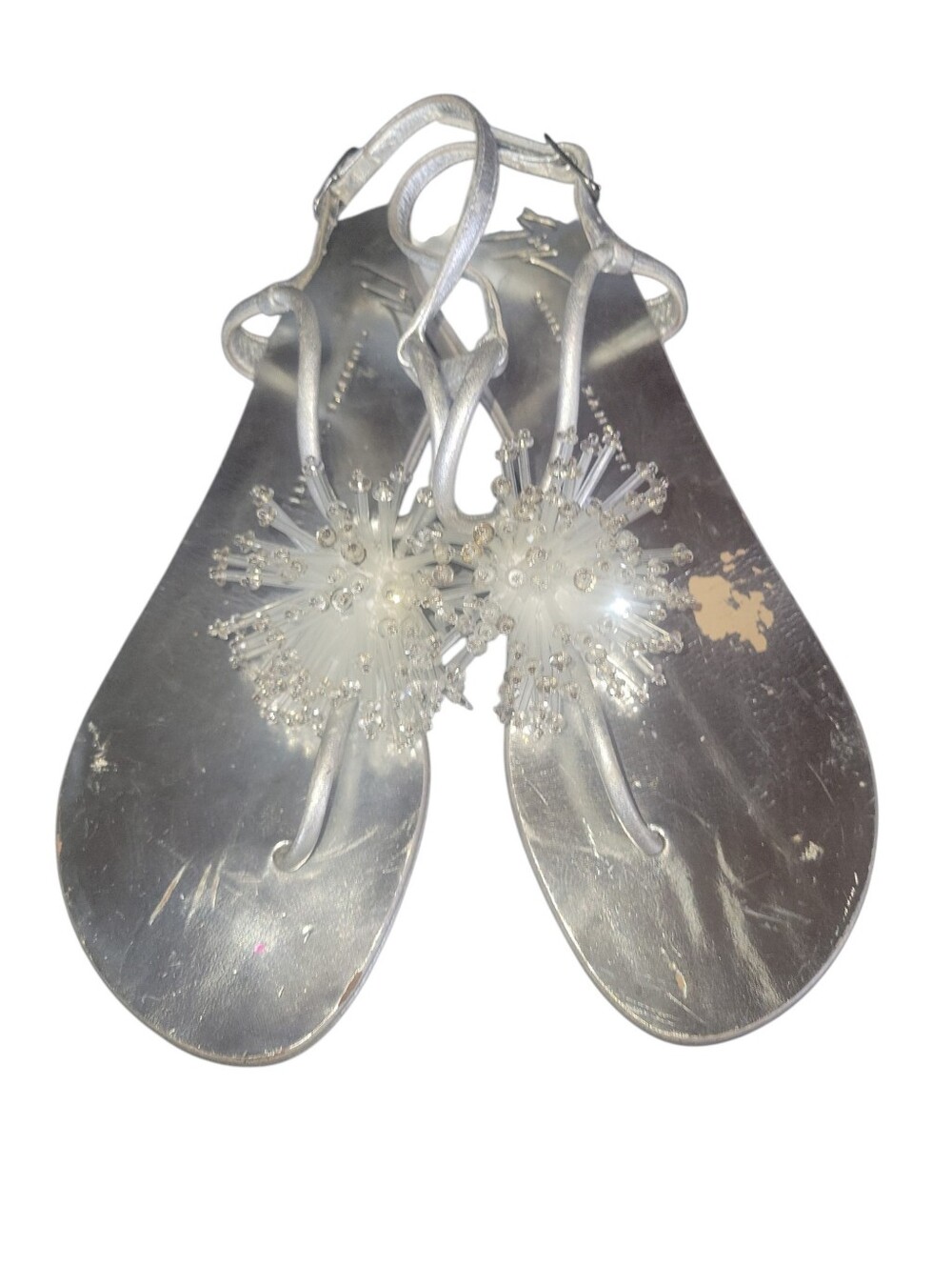 Giuseppe Zanotti Silver Leather Crystal Embellished Crystal Flower Thong Sandals